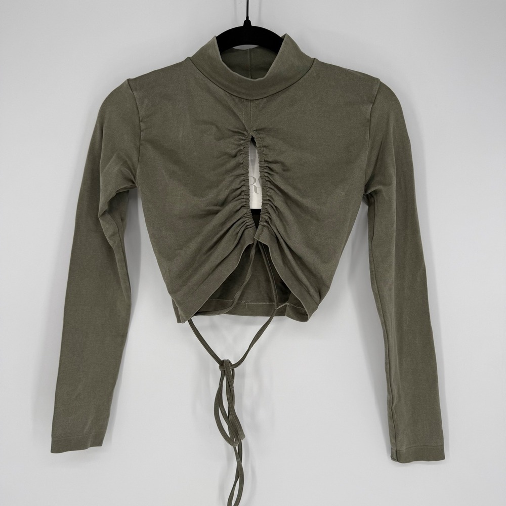 ZARA CROPPED TOP CINCH OPEN FRONT TIE WRAP MOCK NECK ARMY GREEN XS / SMALL NWT